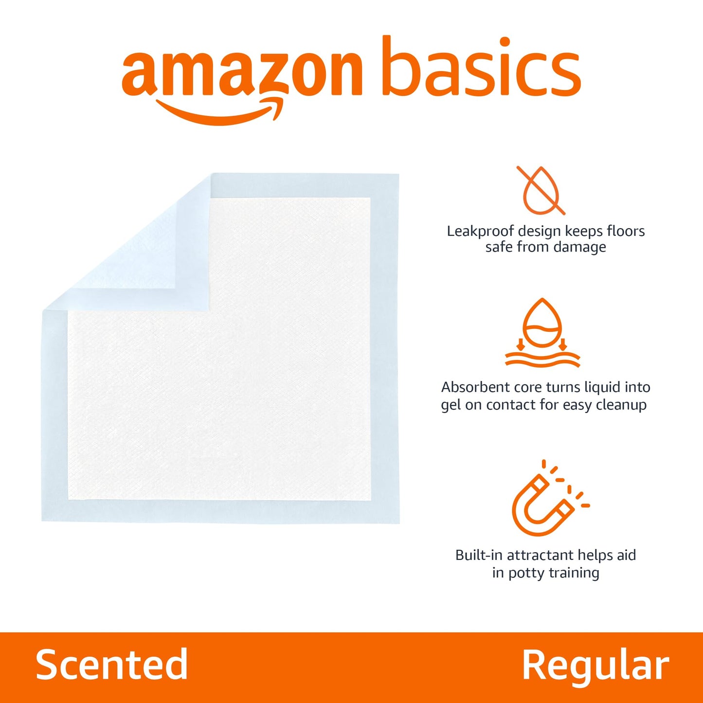 Amazon Basics Dog and Puppy Pee Pads with Leak-Proof Quick-Dry Design for Potty Training, Standard Absorbency, Regular Size, 22 x 22 Inches, Pack of 100, Blue & White