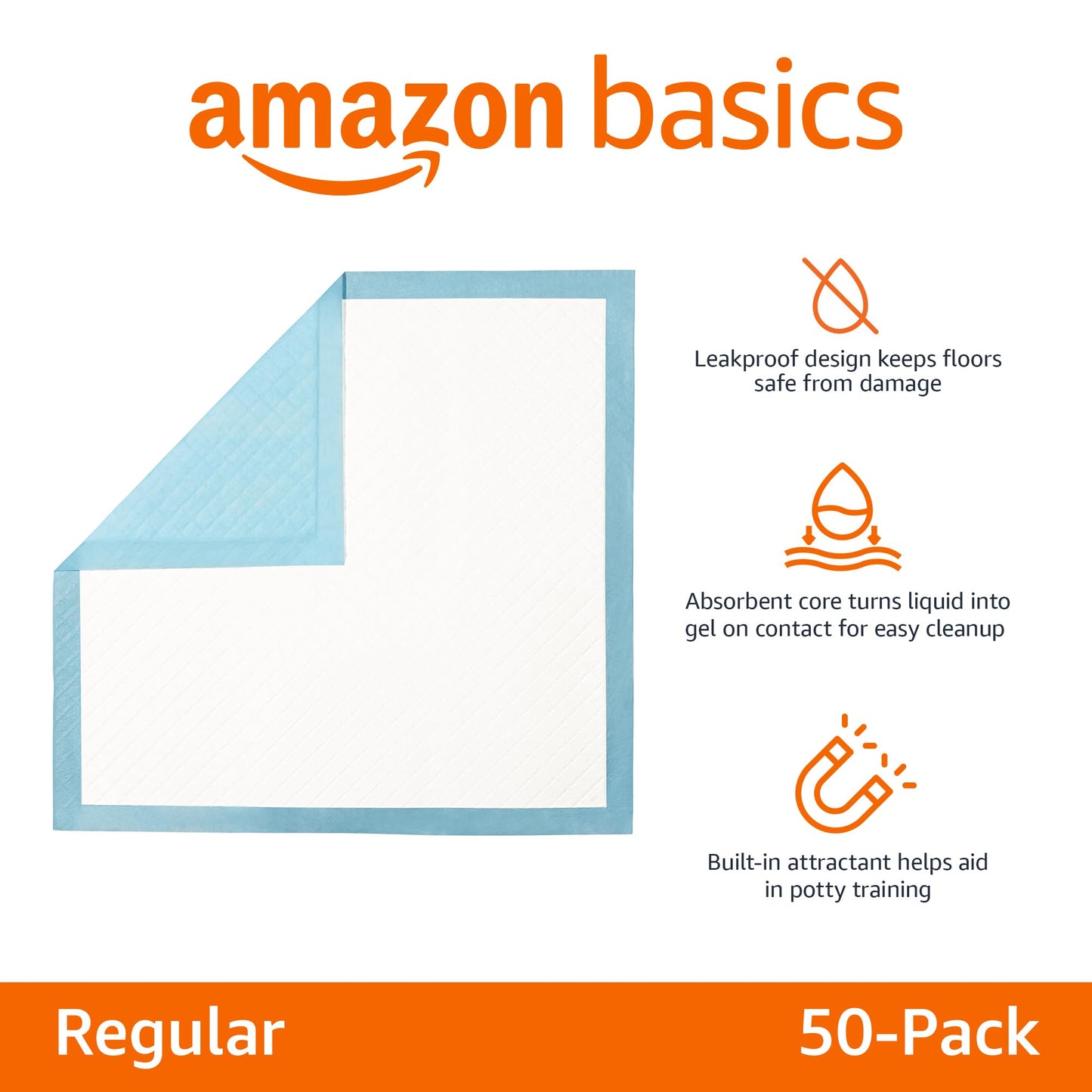 Amazon Basics Dog and Puppy Pee Pads with Leak-Proof Quick-Dry Design for Potty Training, Standard Absorbency, Regular Size, 22 x 22 Inches, Pack of 100, Blue & White