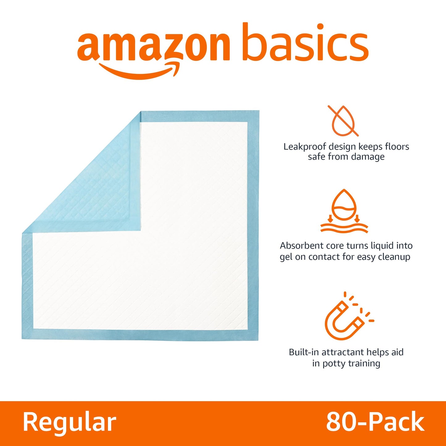 Amazon Basics Dog and Puppy Pee Pads with Leak-Proof Quick-Dry Design for Potty Training, Standard Absorbency, Regular Size, 22 x 22 Inches, Pack of 100, Blue & White